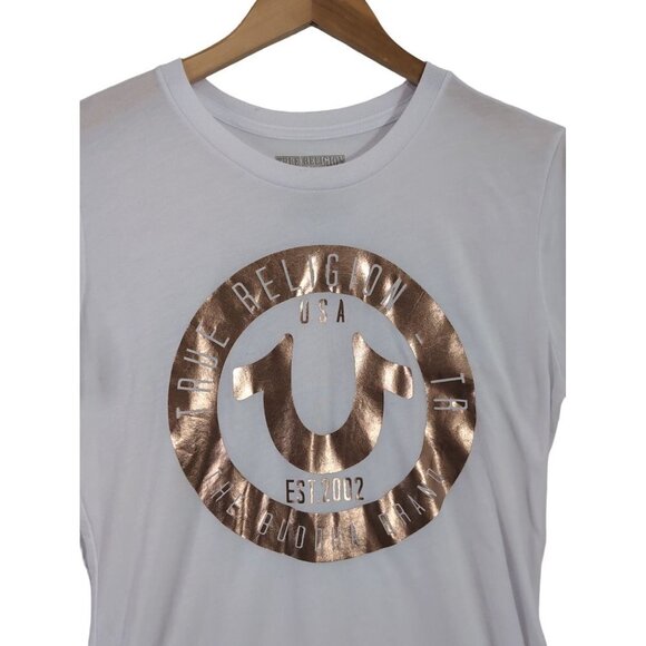 True Religion T-Shirt Womens Medium White Short Sleeve Metallic Foil Logo - Picture 2 of 8